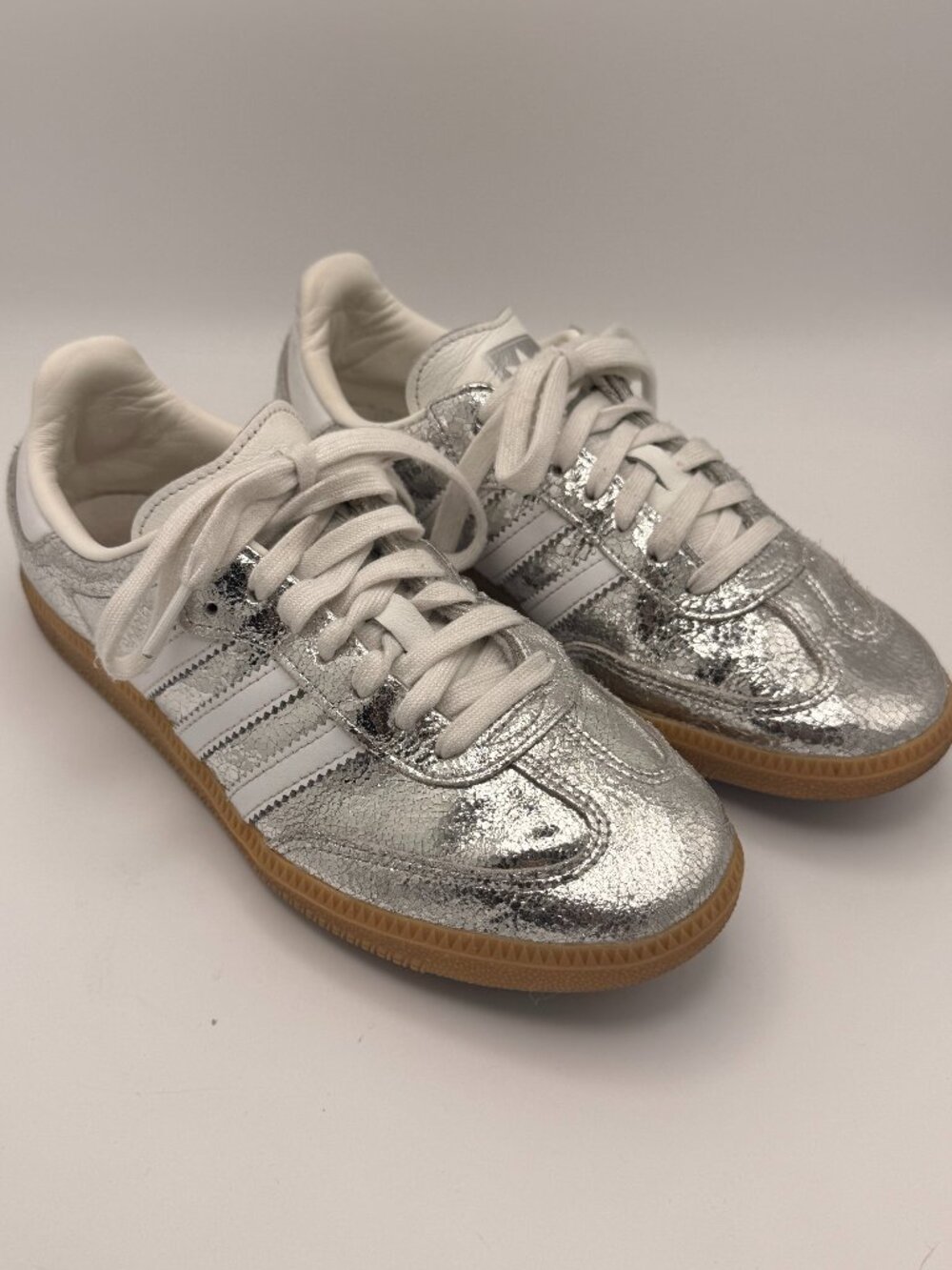 Adidas Samba OG JR0035 Silver Metallic Cracked Leather Gum Sz 7.5